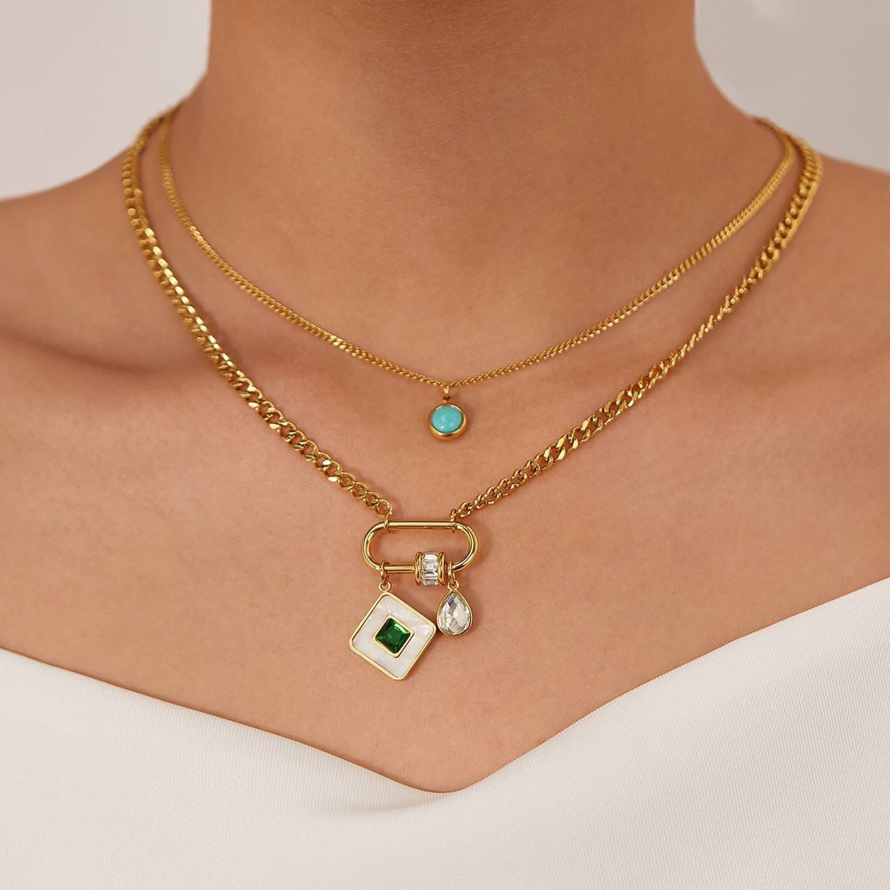 Multi-Layered Gold Necklace with Gemstone Pendants