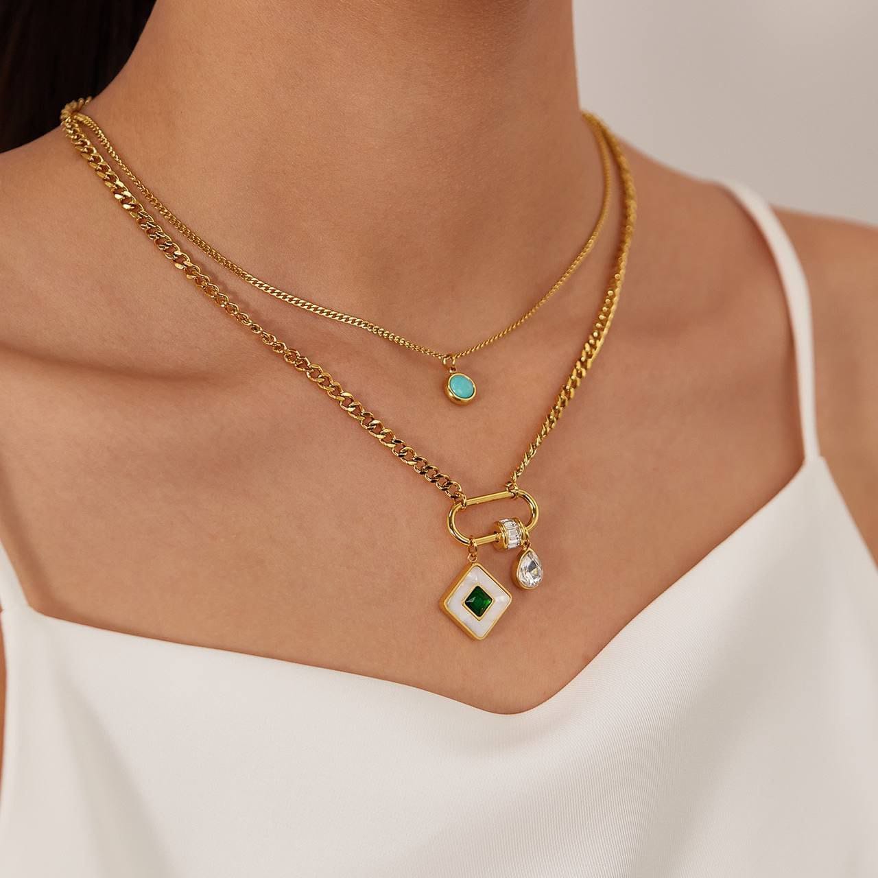 Multi-Layered Gold Necklace with Gemstone Pendants