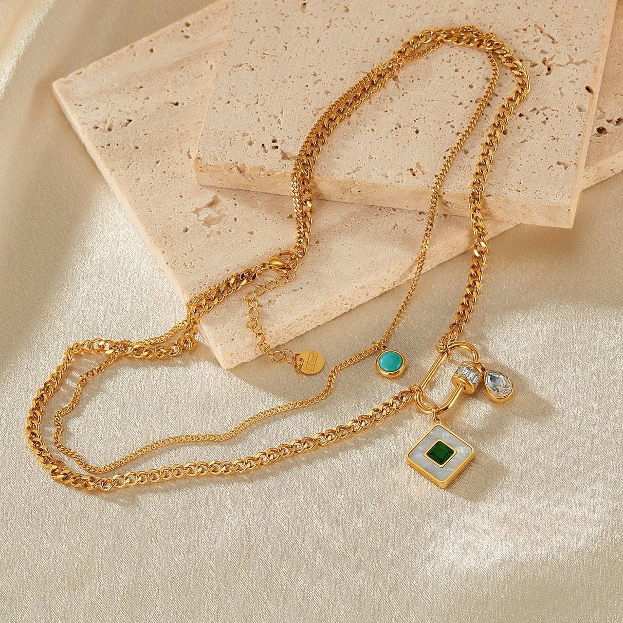 Multi-Layered Gold Necklace with Gemstone Pendants